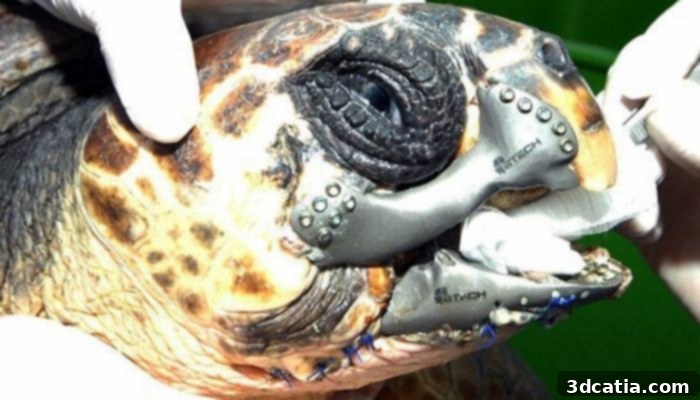 AKUT the loggerhead turtle with his custom 3D printed titanium jaw by Btech Innovations