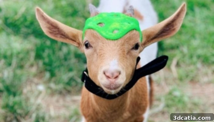 Bo the baby goat wearing his custom 3D printed TPU helmet by DiveDesign for skull protection
