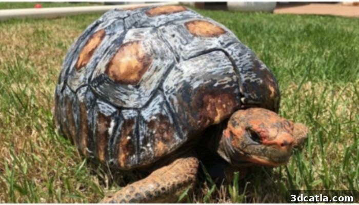 Fred the tortoise with his 3D printed shell by the Animal Avengers after a forest fire