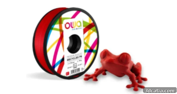 OWA PS-R filament, made from recycled yogurt cups, showcasing sustainable 3D printing materials.