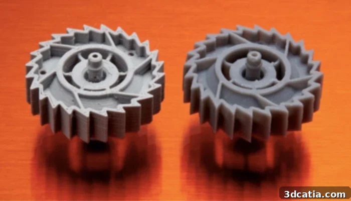 FDM 3D printed part (left) and SLA 3D printed part (right). In terms of geometric complexity, SLA technology is more precise and accurate