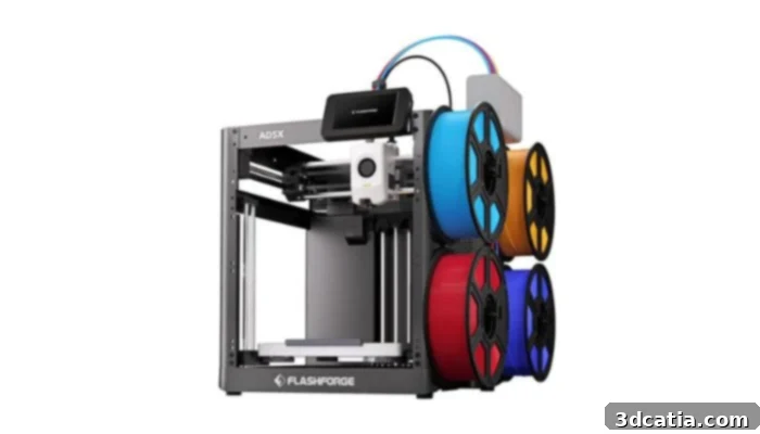 Flashforge AD5X 3D printer compact design with four spools of filament
