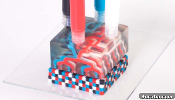 Close-up of the MM3D printhead demonstrating seamless, high-speed switching between multiple materials for complex 3D printing.