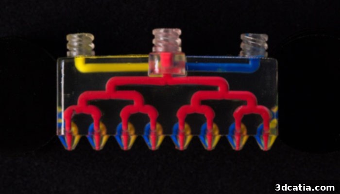 Diagram of MM3D printhead showing multiple branched channels feeding different inks to multiple nozzles for simultaneous, multi-material 3D printing.