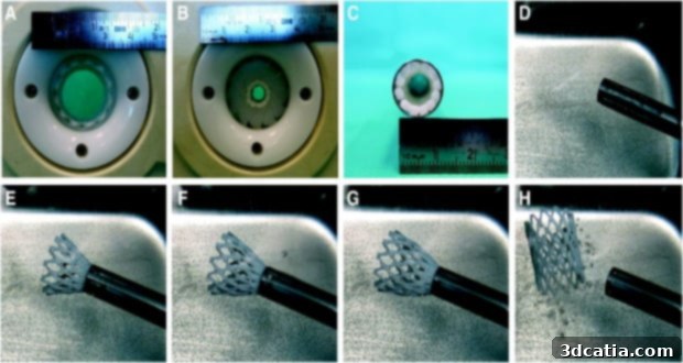Sequence showing the crimping and delivery process of a 3D printed prototype stent, demonstrating self-expansion out of the delivery system.