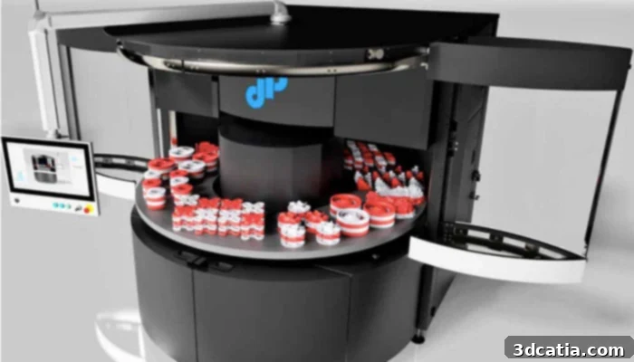 The AMpolar i2 3D printer in operation, utilizing the High-Speed Rotative AM Process (HSR) on its continuously rotating platform for rapid production.