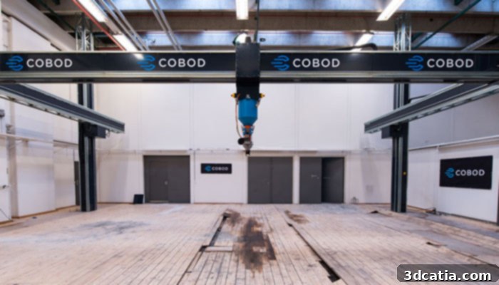 COBOD's advanced 3D construction printer on site, demonstrating its capabilities.