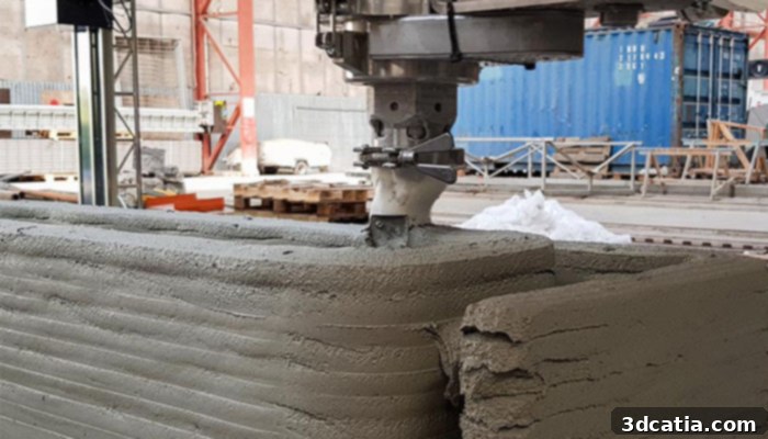 Close-up of COBOD's innovative 3D printing technology, showing material extrusion.