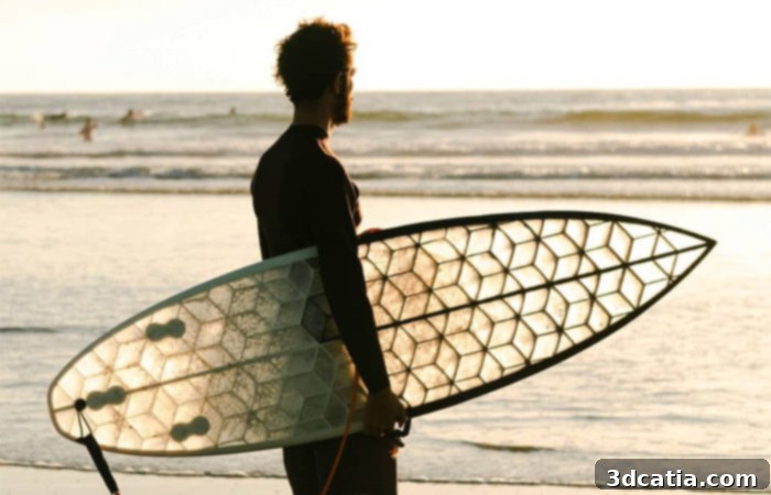Close-up of a WYVE surfboard showing its transparent design and honeycomb core
