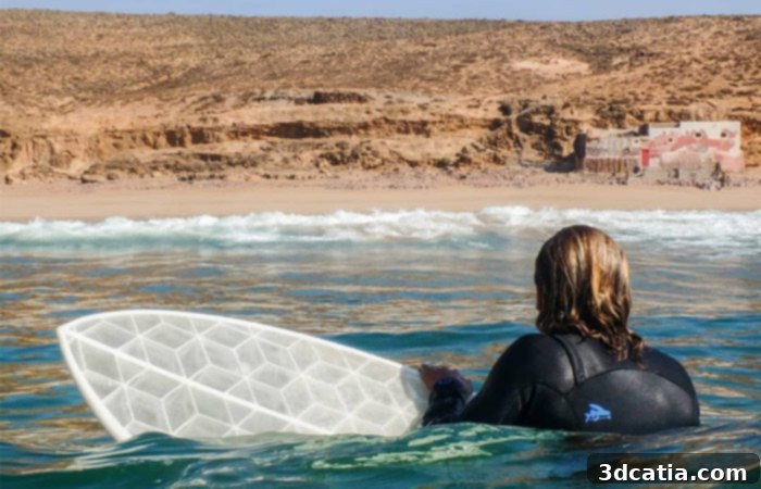 A beautiful WYVE 3D printed surfboard at the beach