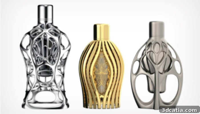 Three Formula 1 3D printed perfume bottles designed by Ross Lovegrove, showcasing intricate metal designs.