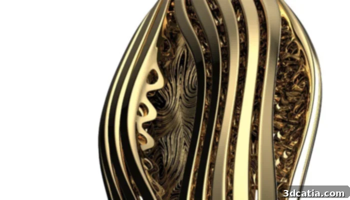 Close-up of the 'Agile Embrace' 3D printed perfume bottle, highlighting its gold-plated titanium curves.