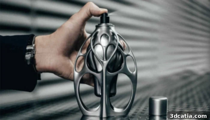 The 'Compact Suspension' 3D printed perfume bottle, showcasing its complex exoskeleton design.