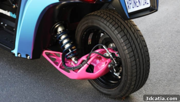 Optimized rear swing arm design for the FUV, demonstrating high performance and strength with significant weight reduction.