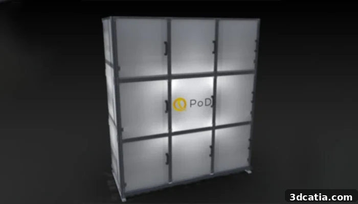 The QPoD is the company’s 3D printing system, it provides 78000+ hours of autonomous printing per year for high-volume production