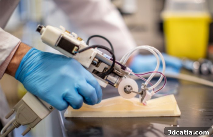 A portable 3D bioprinter resembling a glue gun, equipped with a roller, shown in a lab setting, highlighting its iterative design process and functionality for skin regeneration.