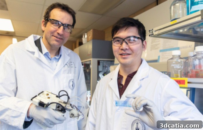 Researchers Richard Cheng and Professor Axel Guenther standing in a lab, next to a 3D bioprinter, symbolizing their contribution to medical innovation.