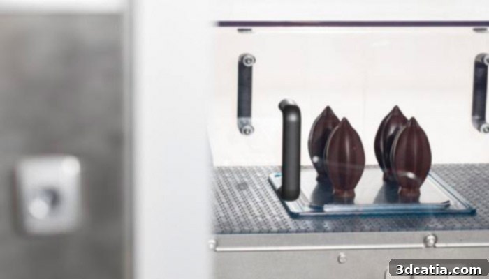 Close-up of intricate 3D printed chocolate designs