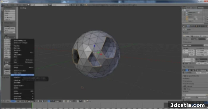 A 3D model of a complex organic character created using polygonal modeling in Blender, showcasing detailed mesh structure.