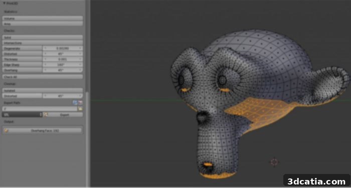Screenshot of Blender's 3D printing toolbox interface, showing options for mesh analysis and error checking before printing.