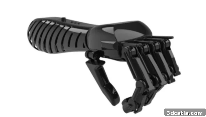 Final version of the T1, a low-cost 3D printed prosthetic arm with tactile feedback, designed by Lorenzo Spreafico.