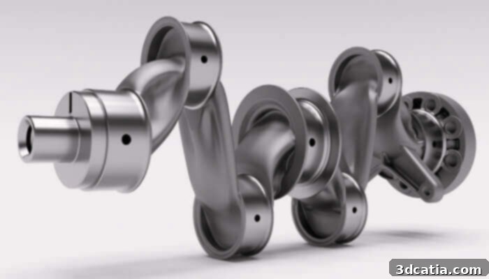A rendering of the modeled 3D printed crankshaft developed by Honda and Autodesk, showcasing its intricate, lightweight design.