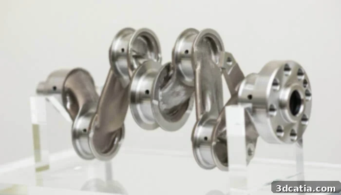The final prototype of the 3D printed crankshaft by Honda and Autodesk, highlighting its lightweight, optimized structure.
