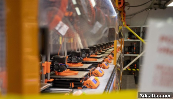 Prusa's expansive 3D printer farm operating at partial capacity to produce hundreds of face shield components daily.