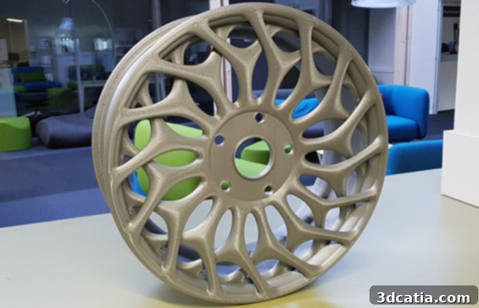 A large 3D printed wheel rim, demonstrating the capability of producing significant parts in a single piece.