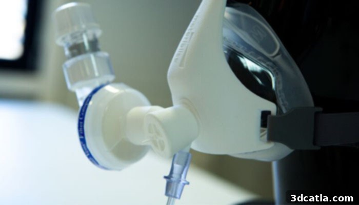 Materialise NIP Connector, 3D printed, connecting NIV mask, PEEP valve, and filter for COVID-19 patient respiratory support.