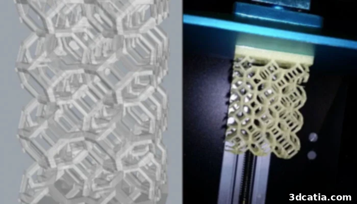 A 3D printed object on a build plate, demonstrating a small initial print before expansion.