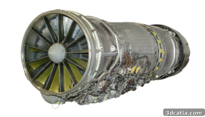 A detailed view of the GE Aviation F110 engine, a powerful jet engine used in combat aircraft, highlighting components suitable for additive manufacturing solutions.