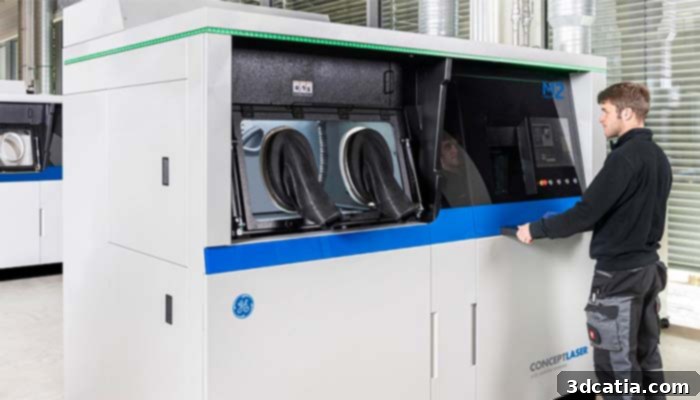 A close-up view of GE's Concept Laser M2 machine, a leading metal additive manufacturing system, used for precise 3D printing of aerospace parts.