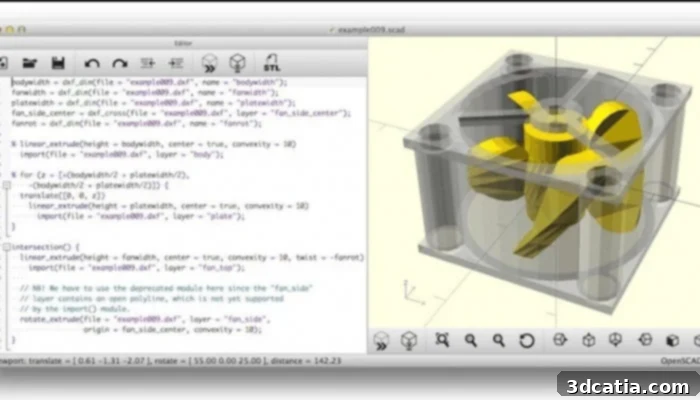 The OpenSCAD interface displaying a script and its corresponding 3D model preview.