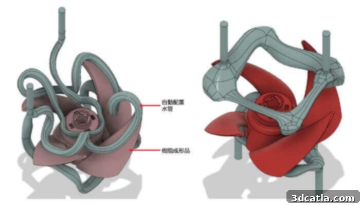 mold cooling channels designed with generative design vs. traditional
