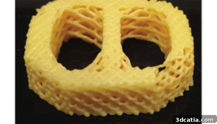 Close-up of the 3D printed liquid crystal elastomer structure designed for tissue mimicry
