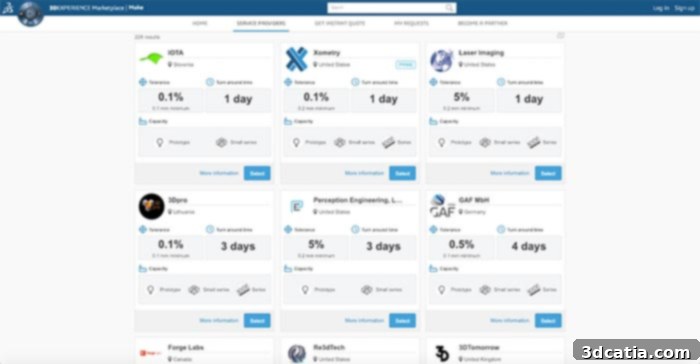 3DEXPERIENCE Marketplace Make service interface showing connections between buyers and providers for manufacturing services