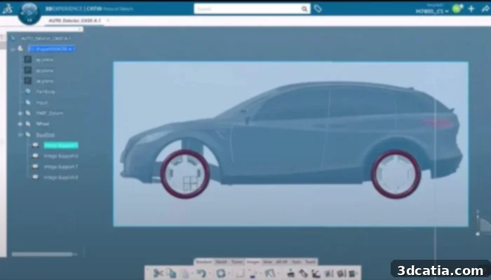 Dassault Systèmes CATIA software interface displaying a complex automotive design.