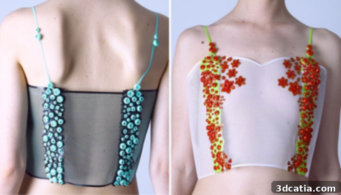 Miranda Marquez's 3D printed fashion designs, showcasing innovative clothing and accessories.