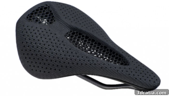 3D printed bike saddle showing its intricate lattice structure.