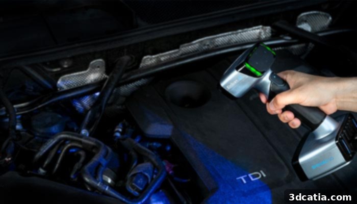 EinScan HX handheld 3D scanner utilizing blue laser for industrial precision