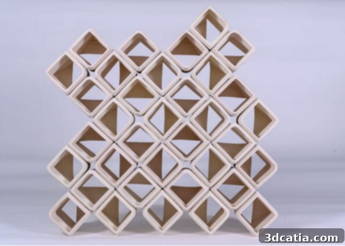 3D printed ceramic blocks forming a facade with intricate patterns