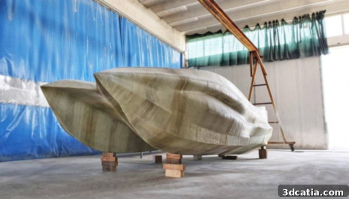 MAMBO: The world's first 3D printed fiberglass boat by Moi Composites, poised for its inaugural voyage.