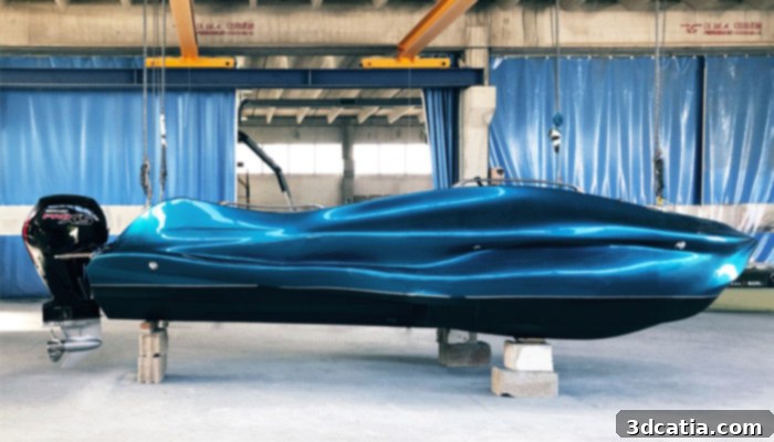 MAMBO 3D printed boat painted a vibrant blue, ready for its public unveiling at the Genoa Boat Show.