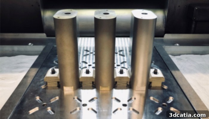 Preforms strategically placed inside the DMP Flex 350 for hybrid manufacturing.