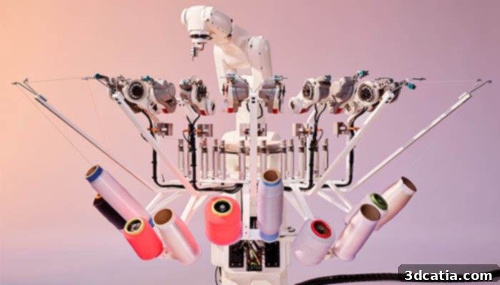 A robot arm precisely weaving threads to create a shoe upper, illustrating the Adidas STRUNG process.