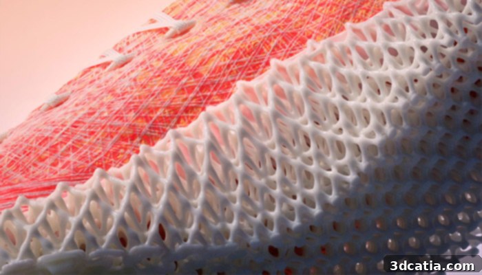 Adidas STRUNG shoe showing the seamless upper and the intricate 3D printed midsole structure.