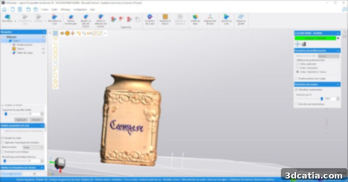 Test scan of a decorative vase, demonstrating consistent rendering and sharp detail capture, even on a relatively shiny surface, including intricate edges and fine writing, proving Go!SCAN 3D's accuracy.