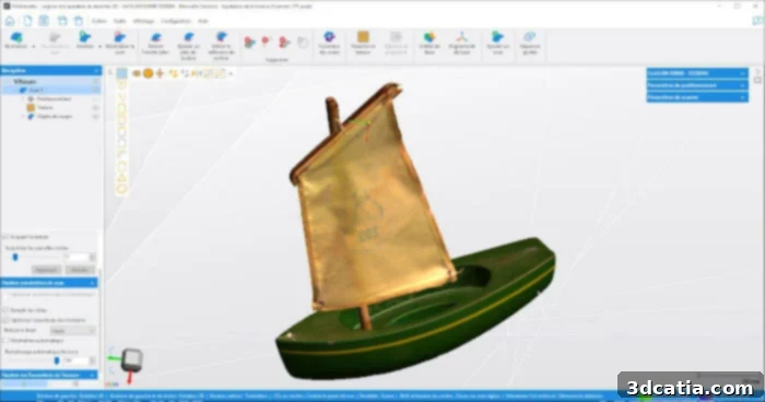 Scanning test of a boat model: showcasing good restoration of the sail and colors, but highlighting difficulties in capturing fine details like the boat's rope, which appears invisible in the final scan.