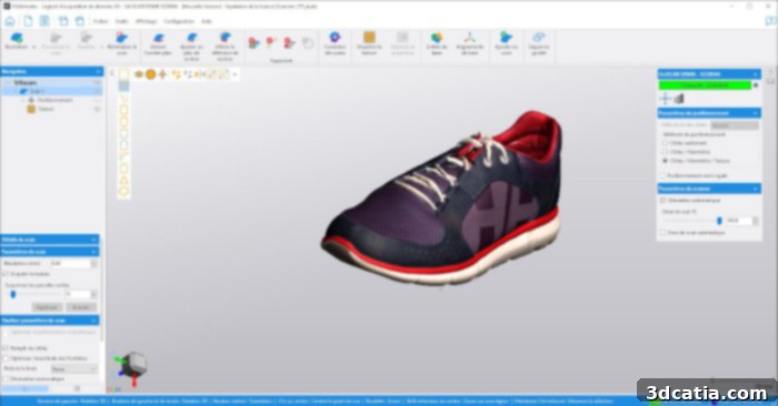 Scan test of a sports shoe: showcasing the faithful rendering of the fabric texture, highlighting the Go!SCAN 3D's capability for detailed surface capture and texture reproduction.